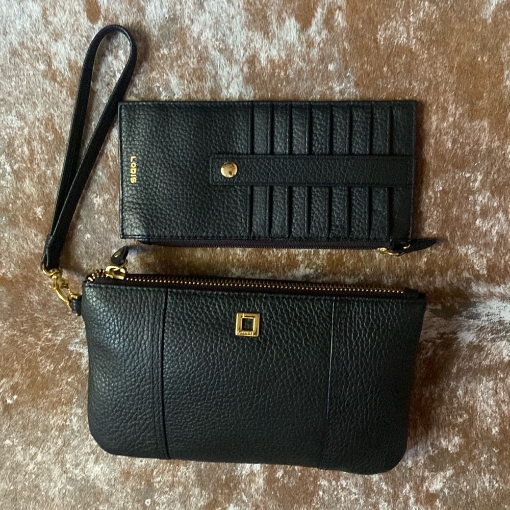 NWOT LODIS Olivia Set of 2 Black Italian Leather Wristlet Wallet Card holder